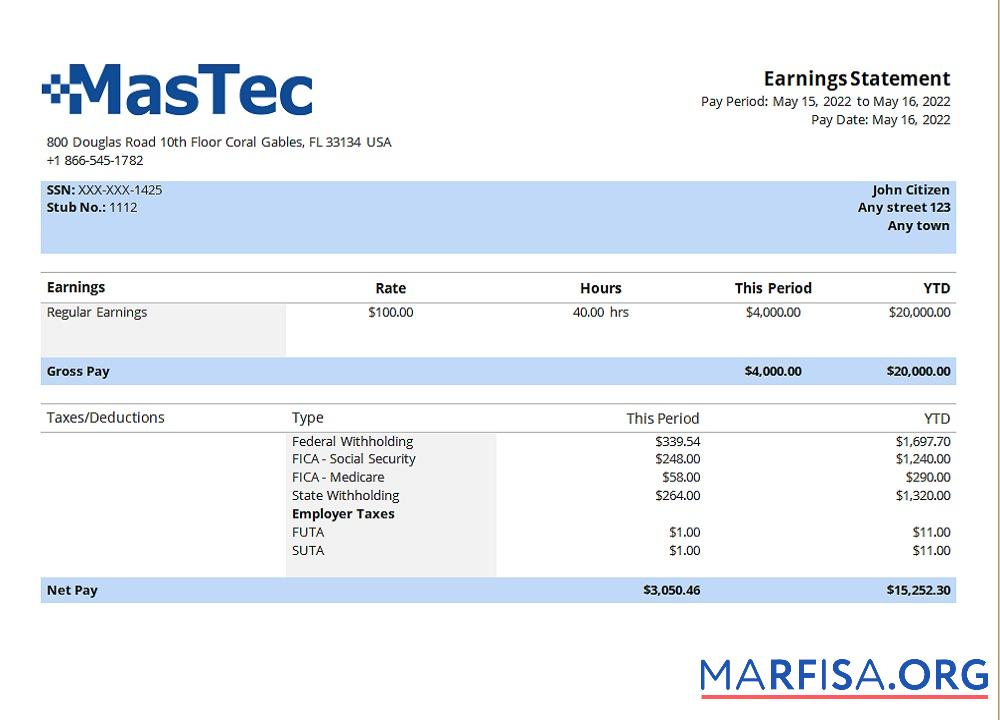 Printable USA engineering company employee sheet Mastec real example